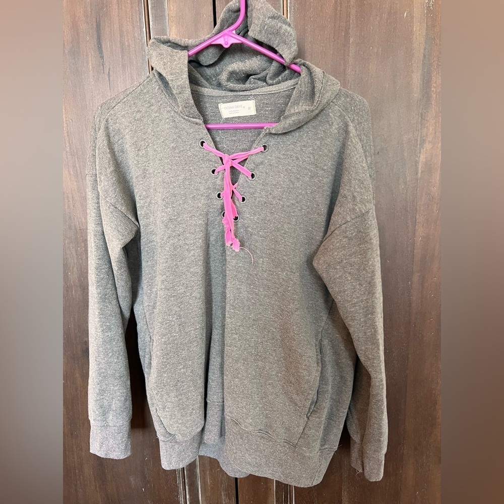 Ocean Drive Gray Lace-Up Women's Cowl Neck Sweater
